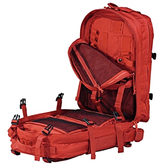 red tactical medical field bag interior view
